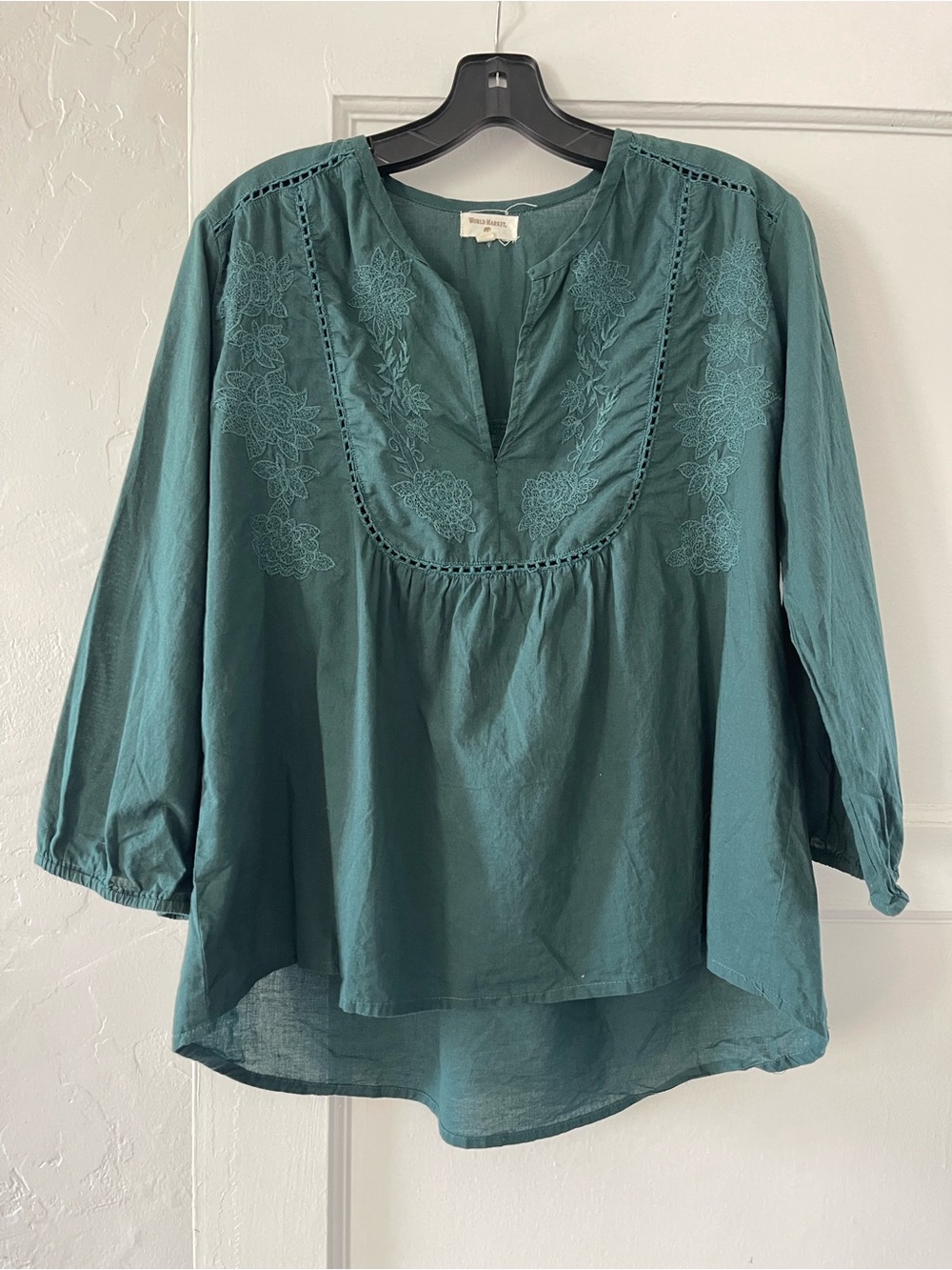 Cost Plus World Market Teal Green Embroidered Peasant Blouse
